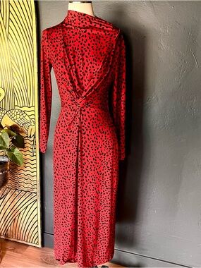WAYF Long-Sleeve Red & Black Dots Twist-Front Maxi Dress, SZ. M